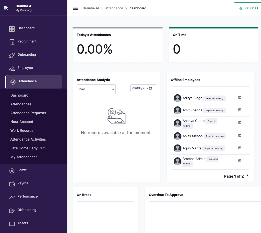 AdviHR attendance and time tracking module with geo-fencing, IP restrictions, and biometric device integration for ZKTeco, COSEC and Dahua devices